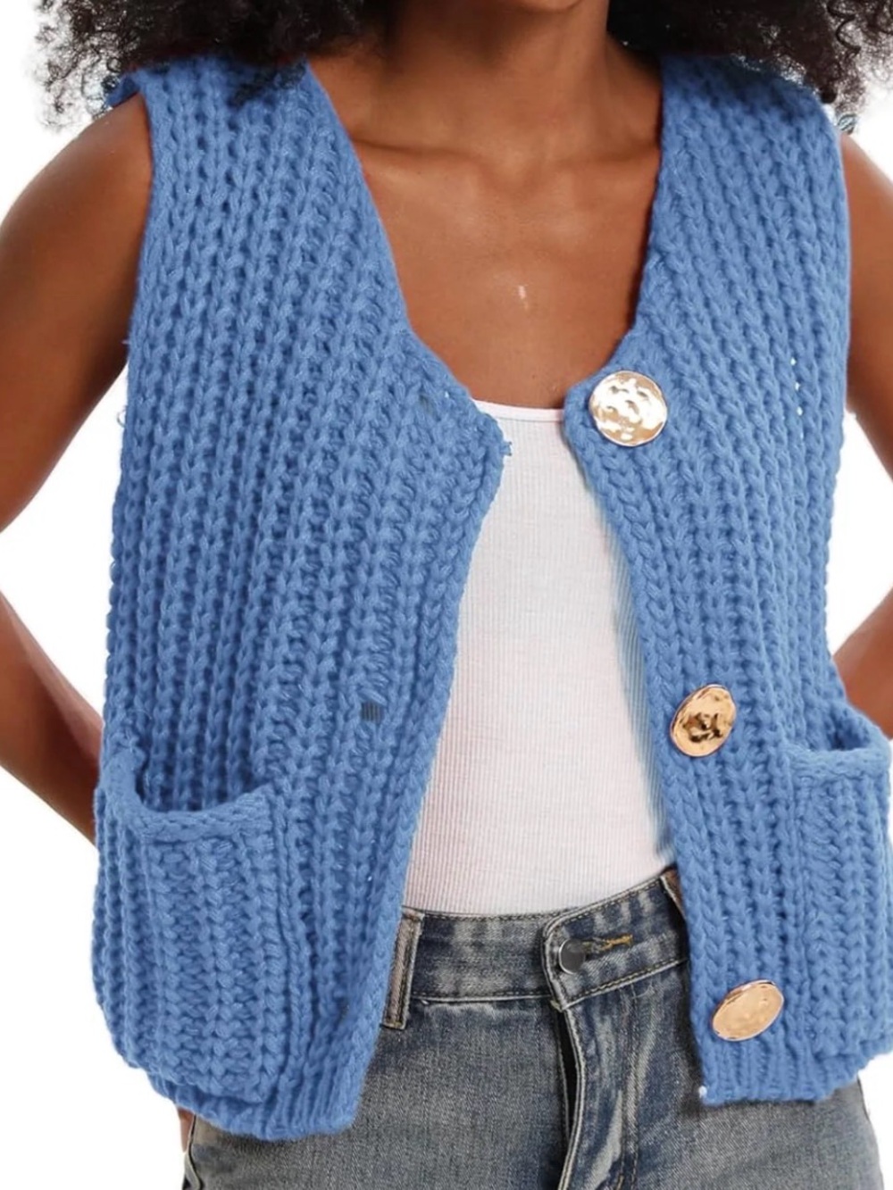 Sky Blue Chunky Knit Button-Front Vest with Gold Buttons